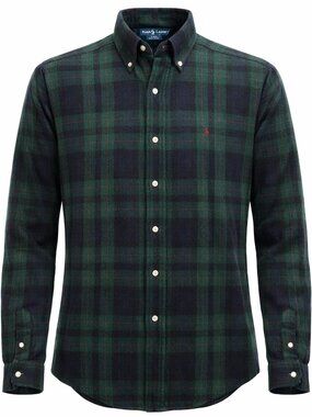 Polo Ralph Lauren 100% Wool Blake Button Down Mens Green Plaid Shirt Size Large